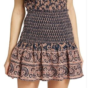 SEA NEW YORK Jasper Tiered Miniskirt Ruffle Shirred Waist Navy Pink Sz L